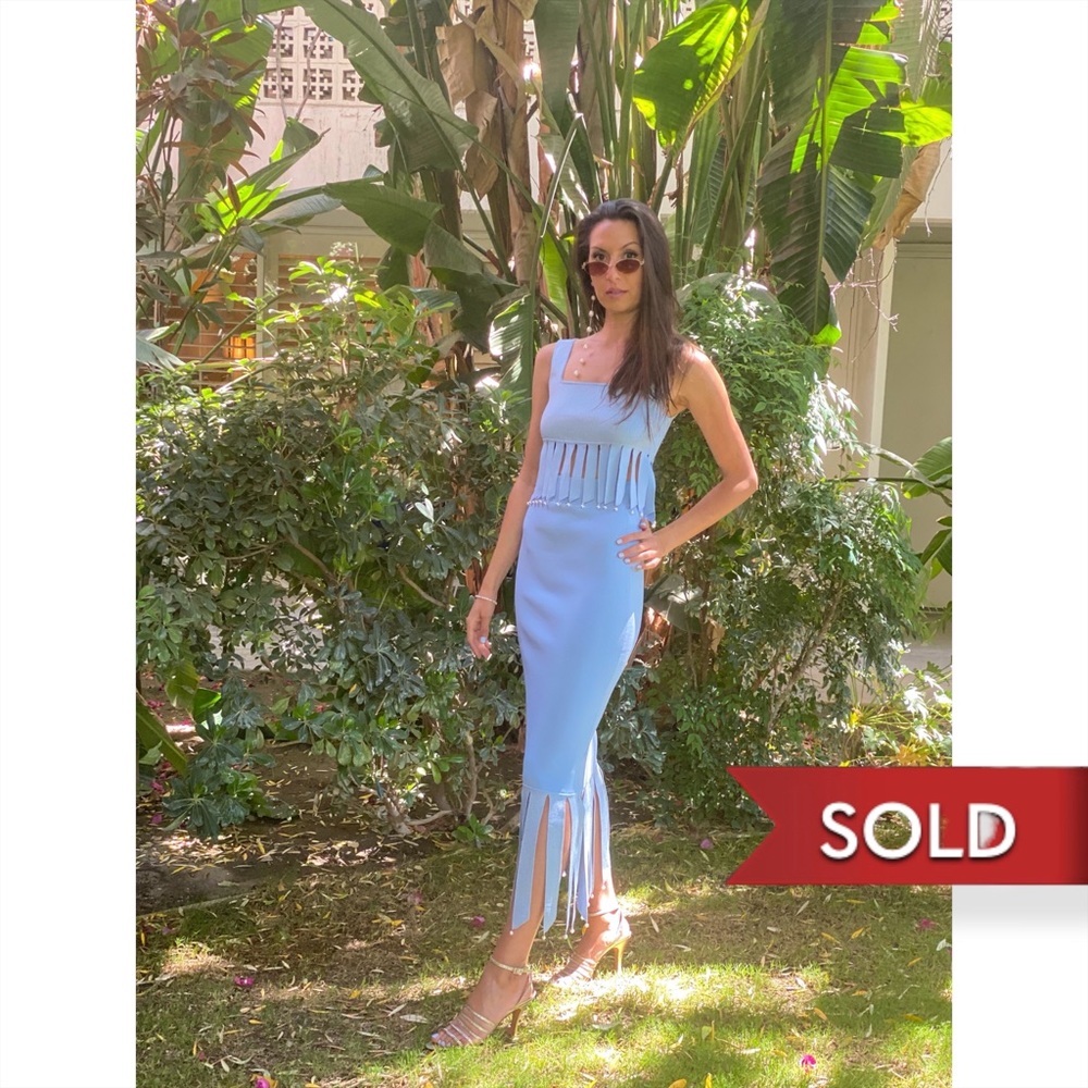 🆕 Staud Icy Blue "Maze" Faux-Pearl Fringe Midi Skirt